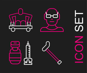 Set line Walking stick cane, Syringe, Poor eyesight and Man without legs sitting wheelchair icon. Vector