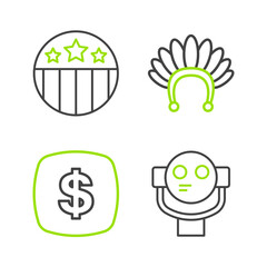 Set line Tourist binoculars, Dollar symbol, Indian headdress with feathers and Medal star icon. Vector