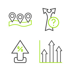 Set line Pie chart infographic, Percent up arrow, Arrow and Location icon. Vector