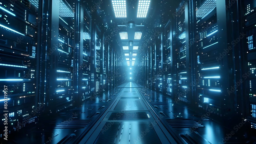Poster creating a dynamic visual representation of a supercomputer with high contrast lighting and cinemati