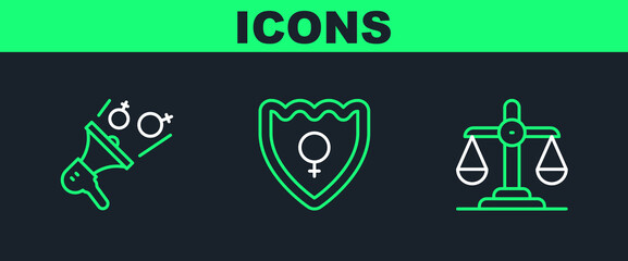 Set line Gender equality, Feminist activist and shield, Female icon. Vector