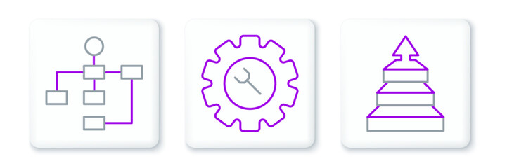 Set line Pyramid chart infographics, Hierarchy organogram and Wrench and gear icon. Vector