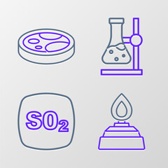 Set line Alcohol or spirit burner, Sulfur dioxide SO2, Test tube flask on stand and Petri dish with bacteria icon. Vector