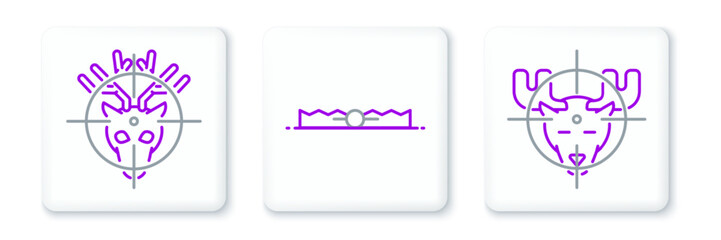 Set line Hunt on moose with crosshairs, deer and Trap hunting icon. Vector