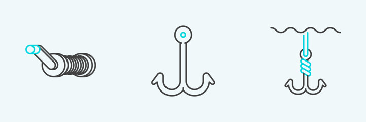 Set line Fishing hook under water, Spinning reel for fishing and icon. Vector