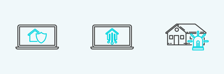 Set line Smart house and alarm, Laptop with under protection and smart home icon. Vector