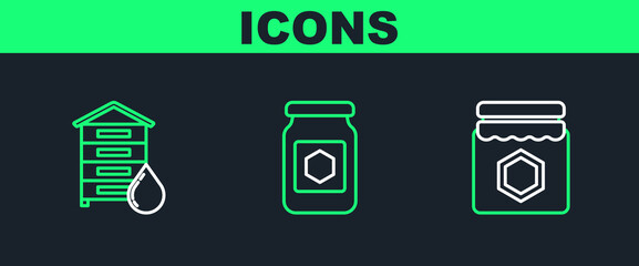 Set line Jar of honey, Hive for bees and icon. Vector