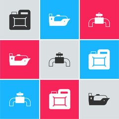 Set Canister for motor oil, Oil tanker ship and Metallic pipes and valve icon. Vector