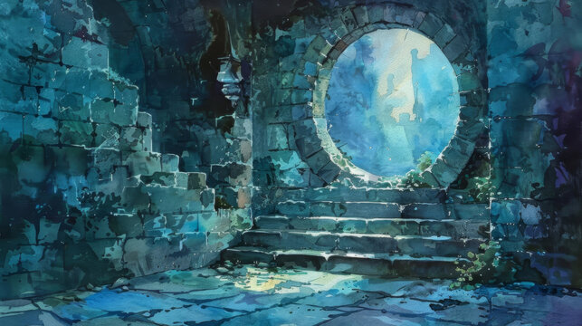 The image is a concept art for a video game. It shows a dark and mysterious hallway with a glowing blue orb at the end.