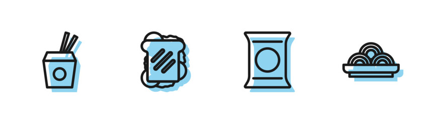 Set line Bag or packet potato chips, Asian noodles and chopsticks, Sandwich and in bowl icon. Vector