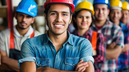 Fototapeta premium Diverse latinx engineer team in hard hats collaborating on project in professional setting