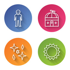 Set line Alien, Astronomical observatory, Planet and Sun. Color circle button. Vector