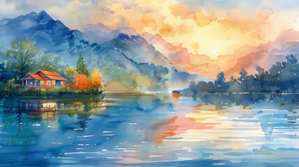 Fototapeta premium The watercolor painting shows a beautiful landscape with mountains, a lake, and a house