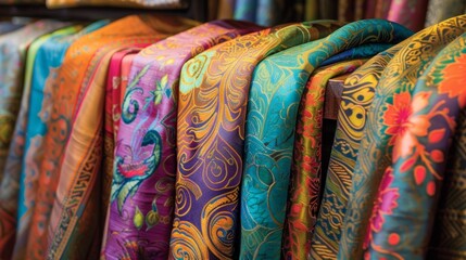 A vibrant display of exquisite silk scarves each one unique in its pattern and color.
