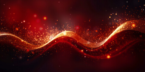 Golden abstract bokeh, waves and particles on red background. Celebrating Christmas, New Year or other holidays.