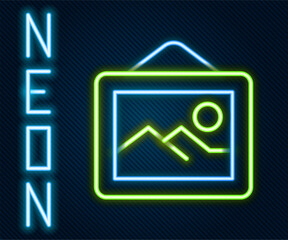 Glowing neon line Picture landscape icon isolated on black background. Colorful outline concept. Vector