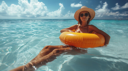 Young woman in sunglasses and a straw hat relaxes on a bright yellow lilo, floating in serene, clear blue sea water under a clear blue sky with soft clouds.