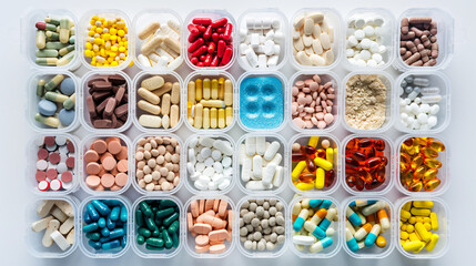 Container with different pills on white background --a