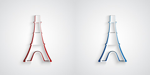 Paper cut Eiffel tower icon isolated on grey background. France Paris landmark symbol. Paper art style. Vector