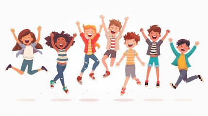 Happy children jumping with raised hands Different pre teen or teenage energetic kids in motion Active classmates or schoolchildren having fun Flat vector cartoon illustration isolated on white