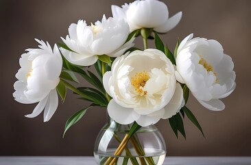 Close-up of beautiful white peonies in a glass vase on neutral beige background