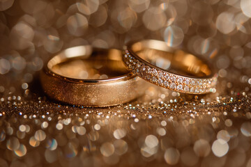 Close-up of two golden wedding rings on sparkling background with bokeh.