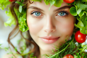 Woman with blue eyes and fair skin surrounded by lettuce and tomatoes.
