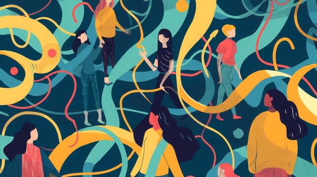 Psychological concept of important key points in memory or searching and finding life path People going in past by psychotherapy Flat vector cartoon illustration of people at tangled ways