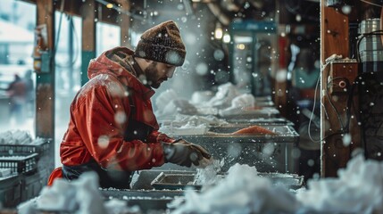 A breathtaking real-photo shot showcasing the splendor of frozen seafood processing with natural elegance