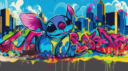 A surreal depiction of Stitch emerging from a graffiti-covered portal into a whimsical alternate reality