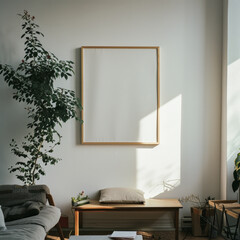 A white framed picture hangs on a wall next to a plant. The room is bright and airy, with a wooden bench and a couch. The couch is covered in a gray blanket