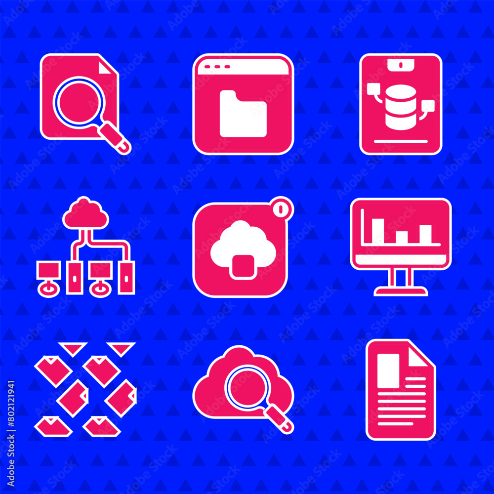 Poster set cloud technology data transfer, search cloud computing, file document, monitor with graph chart,