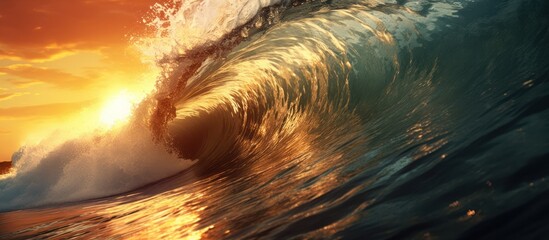 Foamy sea waves roll over the water surface against the setting sun
