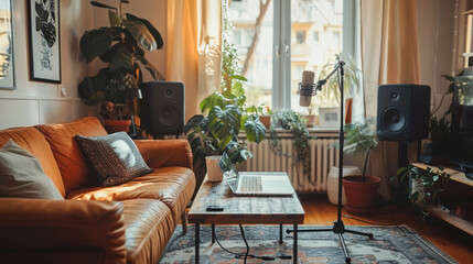 A living room with a couch, a coffee table, and a potted plant. The room has a cozy and inviting atmosphere