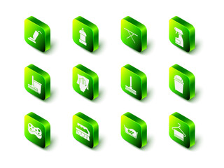 Set Bottle for cleaning agent, Ironing board, Cleaning spray bottle, Trash can, Towel hanger, Handle broom, Temperature wash and Brush icon. Vector