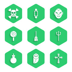 Set Witches broom, Owl, Tombstone with cross, Neptune Trident, Bomb ready explode, Lollipop, Vampire and Skull crossbones icon. Vector