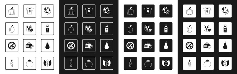 Set Earth globe and leaf, Facial cosmetic mask, Plum fruit, Bell pepper, Organic, Vegan shirt, Pear and No meat icon. Vector