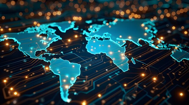 High-tech digital world map with glowing connections and data points, featuring the Americas and Europe.