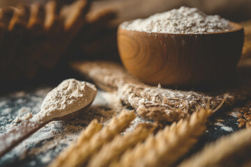 Flour in a wooden bowl, fresh homemade bread and ears of corn, bakery banner
