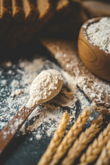 Flour in a wooden bowl, fresh homemade bread and ears of corn, bakery banner