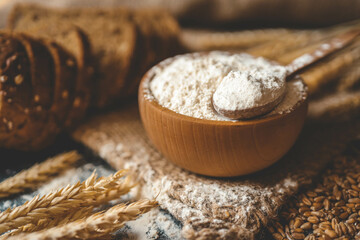 Flour in a wooden bowl, fresh homemade bread and ears of corn, bakery banner