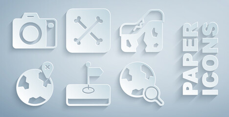 Set Flag, Geological fault, Location on the globe, Magnifying glass with, Archeology and Photo camera icon. Vector