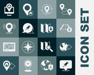 Set Push pin, Location on the globe, Toll road traffic, Map, Monitor with map location and Folded marker icon. Vector