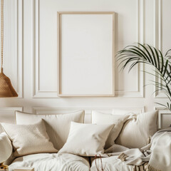 A white couch with pillows and a framed picture on the wall. The picture is a blank frame, which gives the room a clean and minimalist look. The room has a cozy