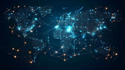 Fototapeta premium High-tech digital world map with glowing connections and data points, featuring the Americas and Europe.