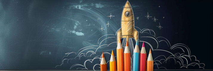 Hand-drawn rocket launch made with colored pencils lifting off from a chalkboard surface, symbolizing creativity and education, childhood imagination, innovation in schooling. back to school.