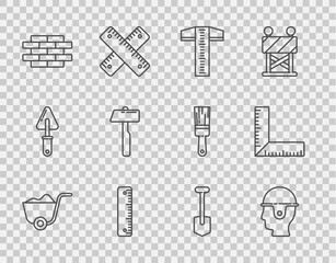 Set line Shovel, Worker safety helmet, T-square line, Ruler, Bricks, Hammer, and Corner ruler icon. Vector