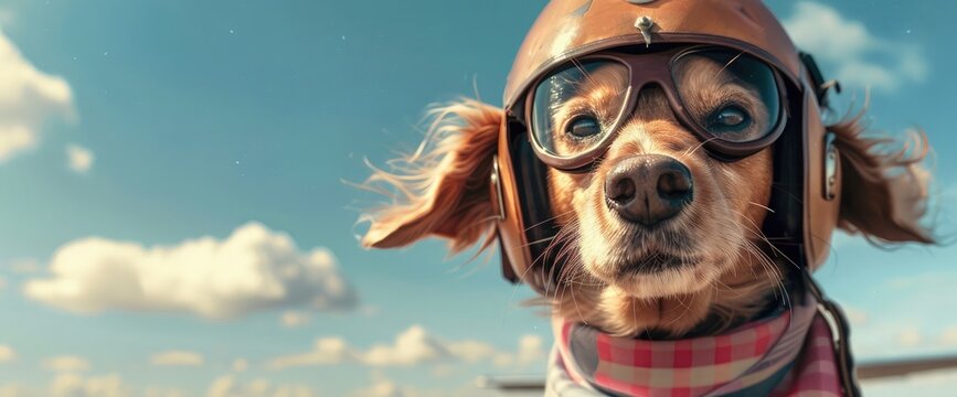 a dog in the image of a pilot in a helmet, glasses and a scarf against a blue sky