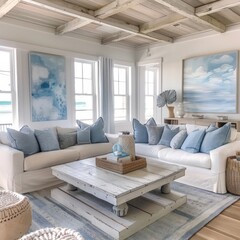 Show a minimalist coastal style living room with white and soft blue decor, emphasizing open space and natural lighting.