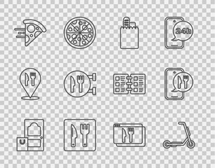 Set line Online ordering and delivery, Scooter, Cafe restaurant location, pizza, and icon. Vector